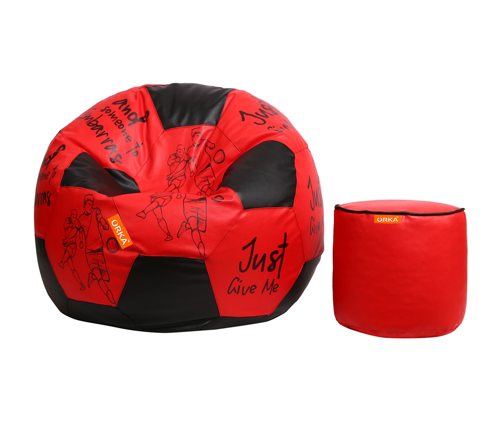 Orka Digital Printed XXXL Foorball With Mathching Footstool Filled Bean Bag With Beans (FB15 Red,Black)
